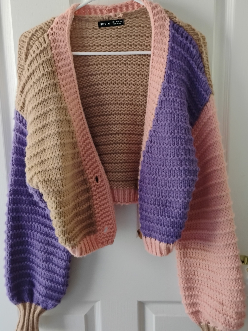 SHEIN Colorblock Knit Open-Front, Boxy Sweater Cardigan in Pink, Purple & Tan